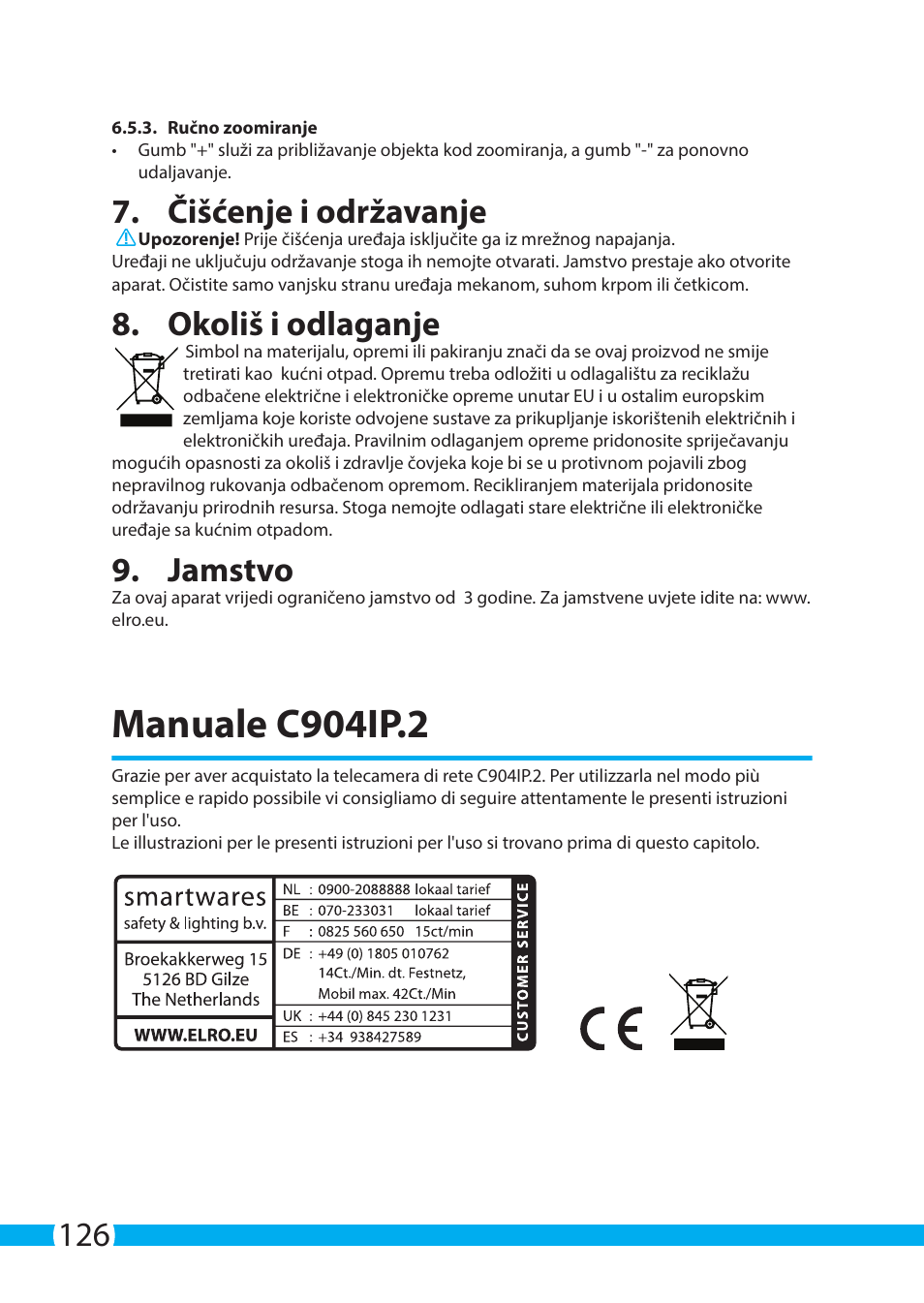 Manuale c904ip.2, Čišćenje i održavanje, Okoliš i odlaganje | Jamstvo | ELRO C904IP.2 Plug & play network camera User Manual | Page 126 / 140