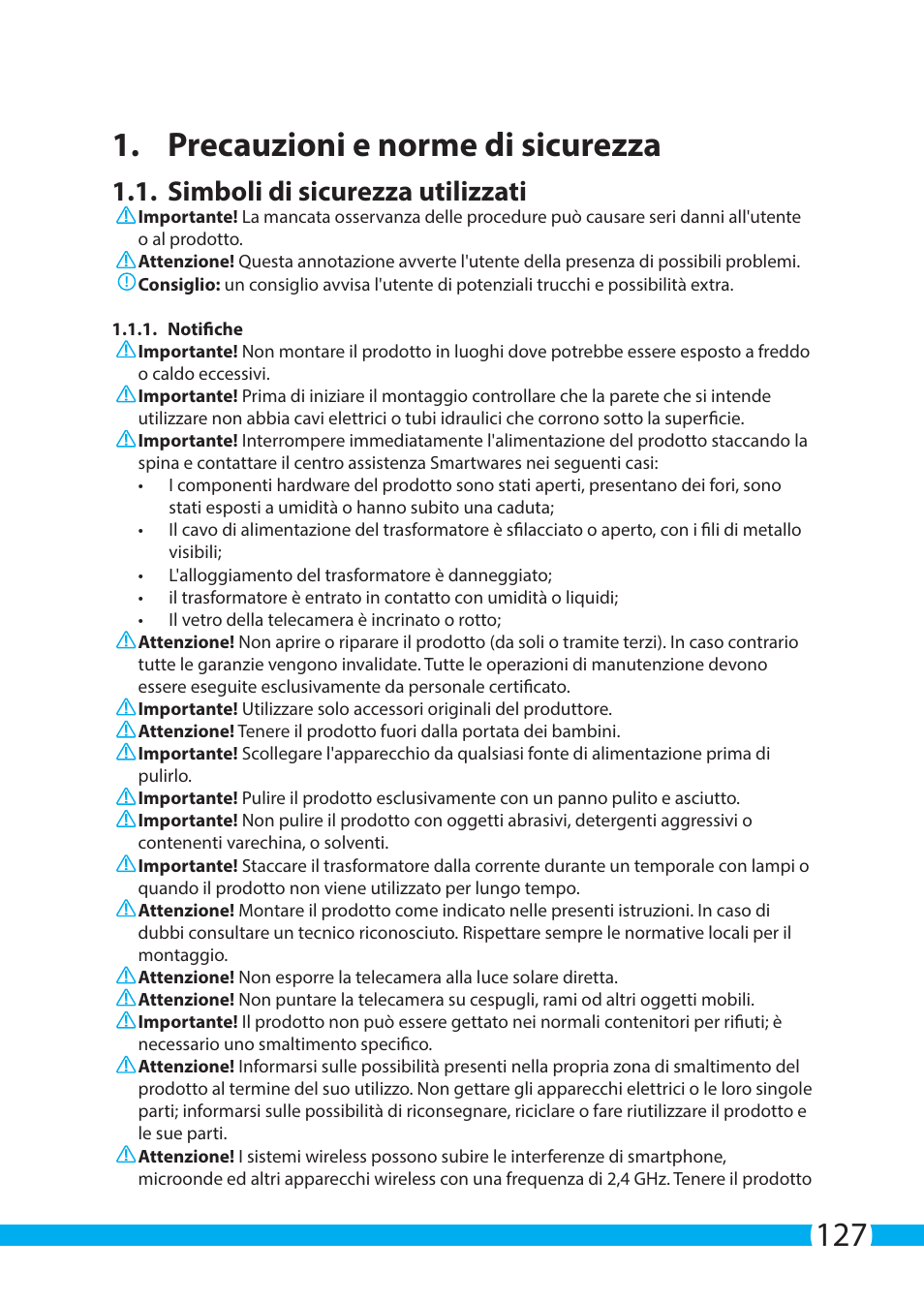 127 1. precauzioni e norme di sicurezza, Simboli di sicurezza utilizzati | ELRO C904IP.2 Plug & play network camera User Manual | Page 127 / 140