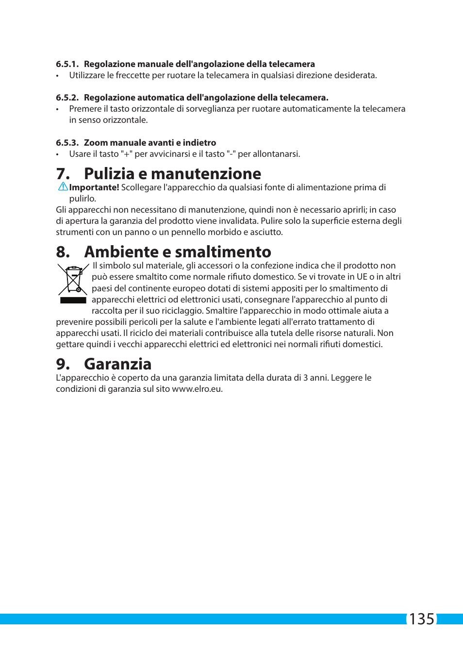 Pulizia e manutenzione, Ambiente e smaltimento, Garanzia | ELRO C904IP.2 Plug & play network camera User Manual | Page 135 / 140