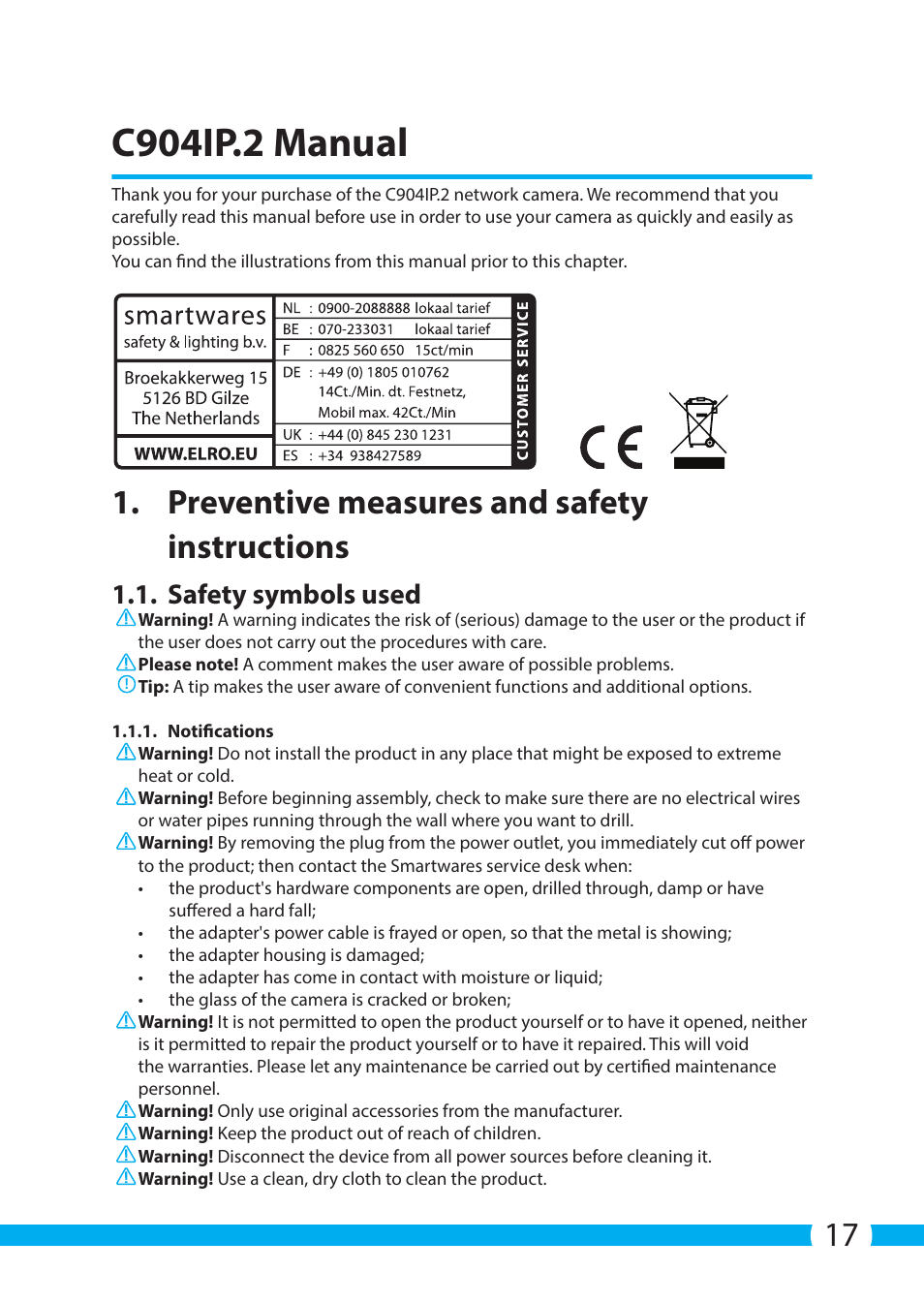 C904ip.2 manual, Preventive measures and safety instructions, Safety symbols used | ELRO C904IP.2 Plug & play network camera User Manual | Page 17 / 140
