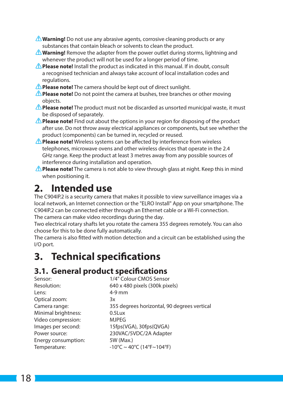 Intended use, Technical specifications, General product specifications | ELRO C904IP.2 Plug & play network camera User Manual | Page 18 / 140