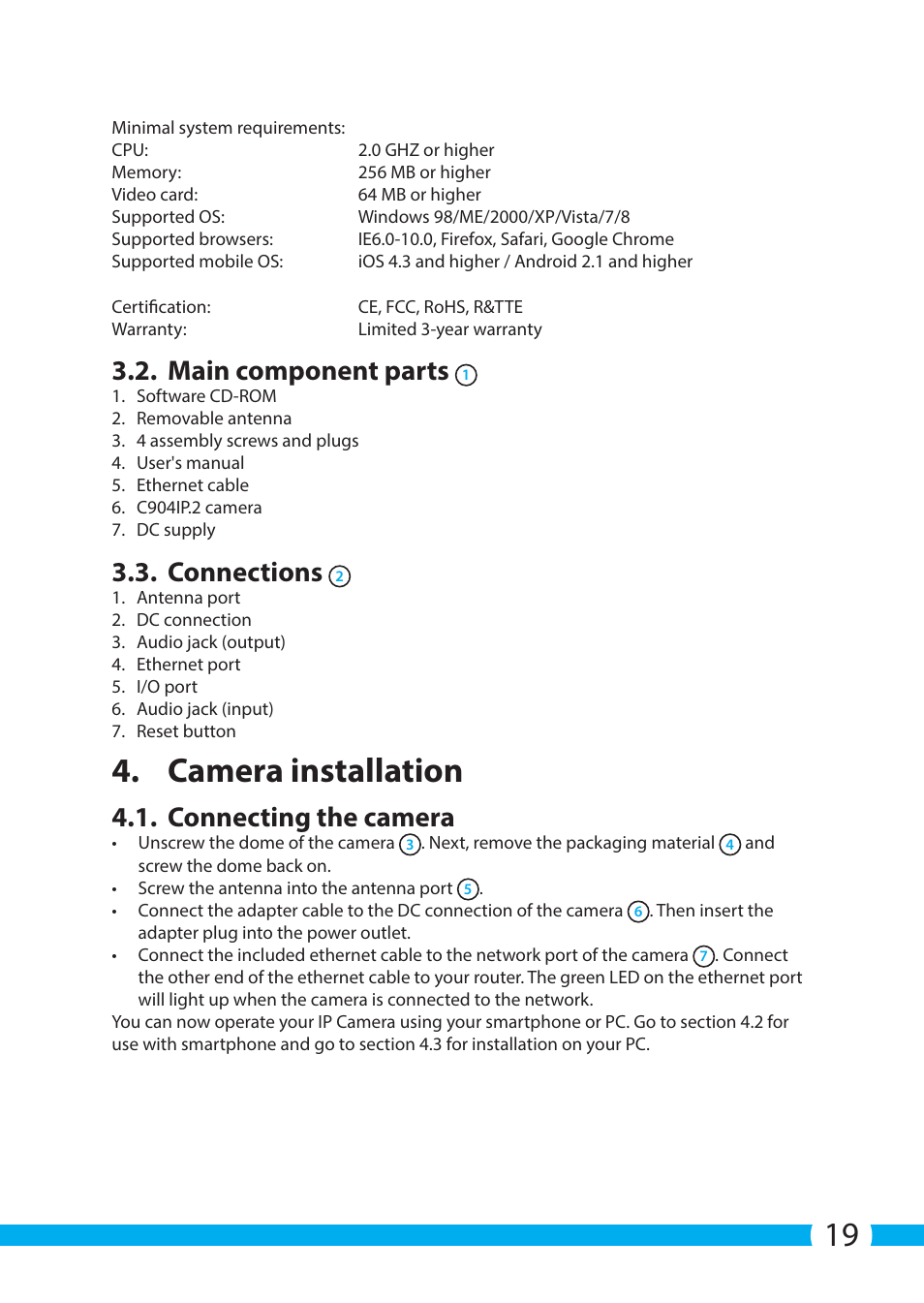 Camera installation, Main component parts, Connections | Connecting the camera | ELRO C904IP.2 Plug & play network camera User Manual | Page 19 / 140