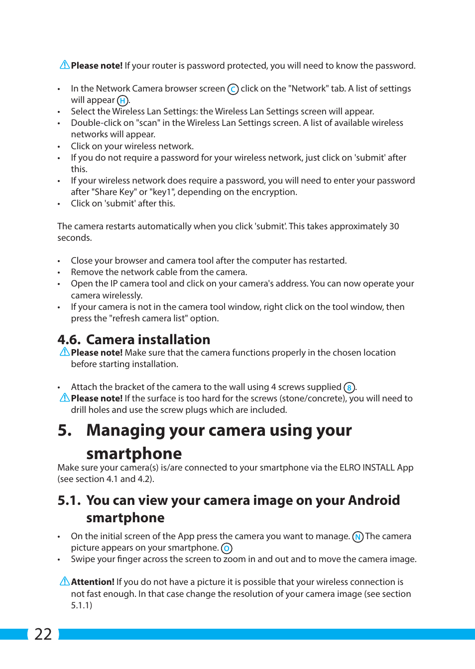 Managing your camera using your smartphone, Camera installation | ELRO C904IP.2 Plug & play network camera User Manual | Page 22 / 140