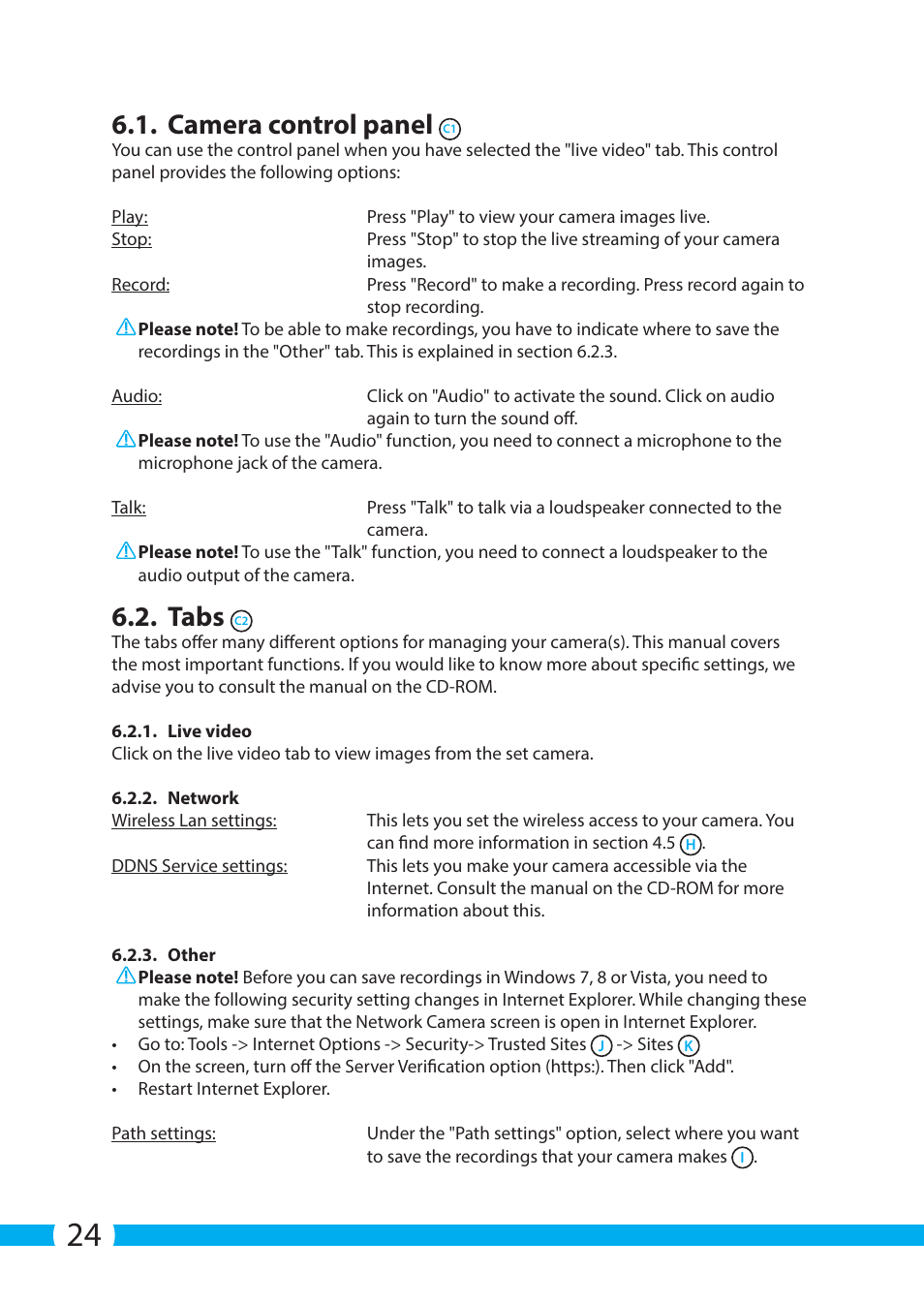 Camera control panel, Tabs | ELRO C904IP.2 Plug & play network camera User Manual | Page 24 / 140
