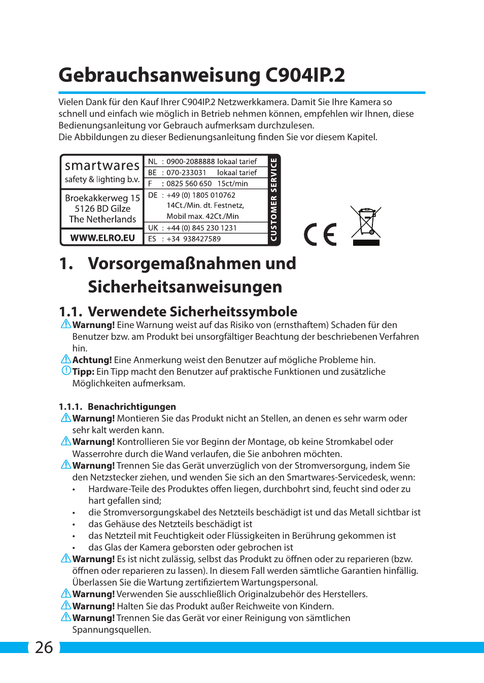 Gebrauchsanweisung c904ip.2, Vorsorgemaßnahmen und sicherheitsanweisungen, Verwendete sicherheitssymbole | ELRO C904IP.2 Plug & play network camera User Manual | Page 26 / 140