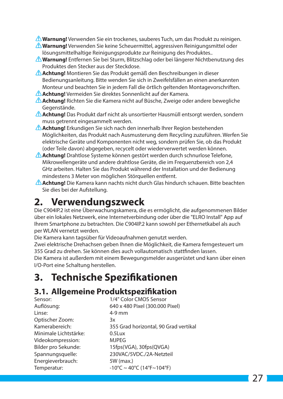 Verwendungszweck, Technische spezifikationen, Allgemeine produktspezifikation | ELRO C904IP.2 Plug & play network camera User Manual | Page 27 / 140