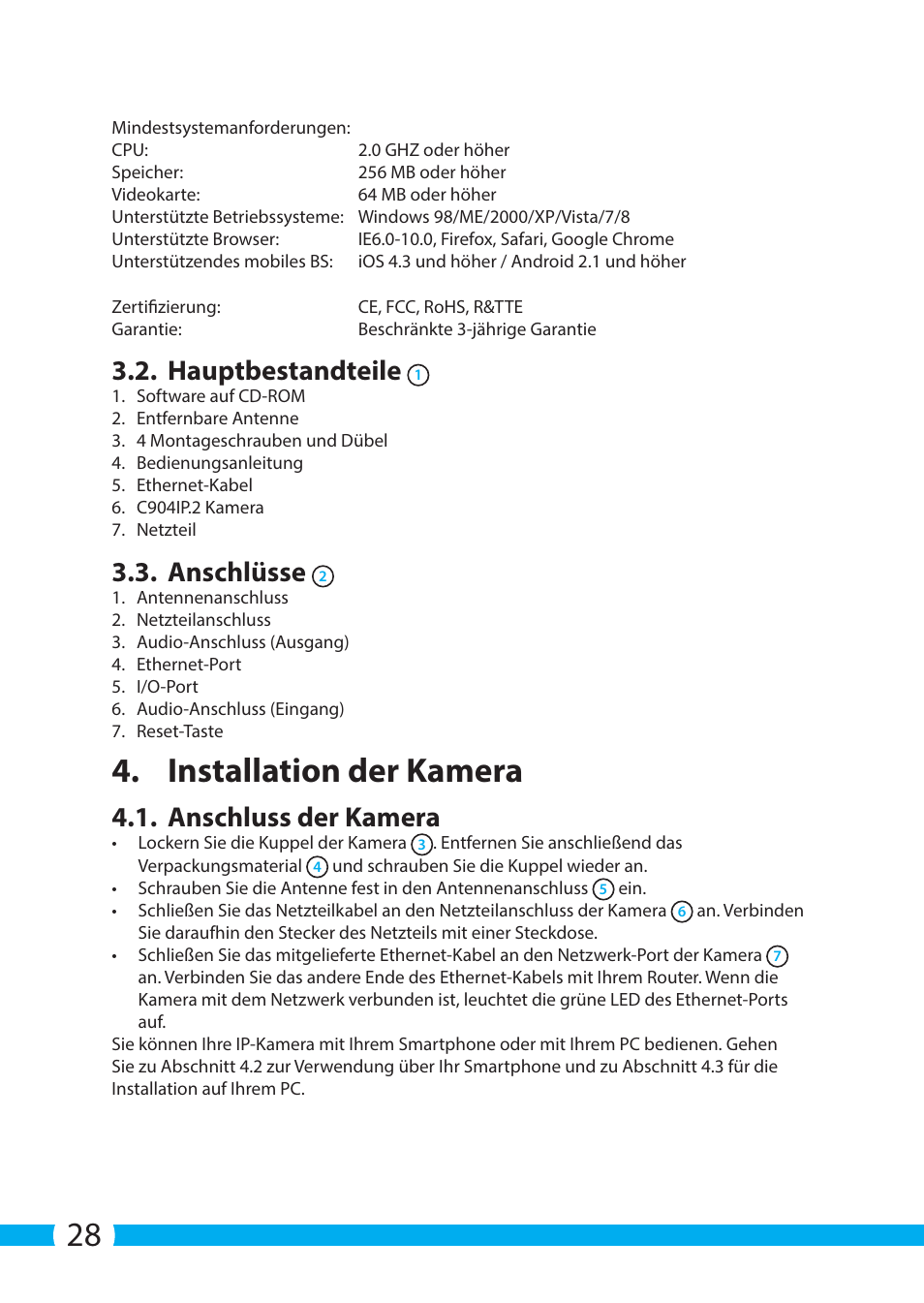 Installation der kamera, Hauptbestandteile, Anschlüsse | Anschluss der kamera | ELRO C904IP.2 Plug & play network camera User Manual | Page 28 / 140