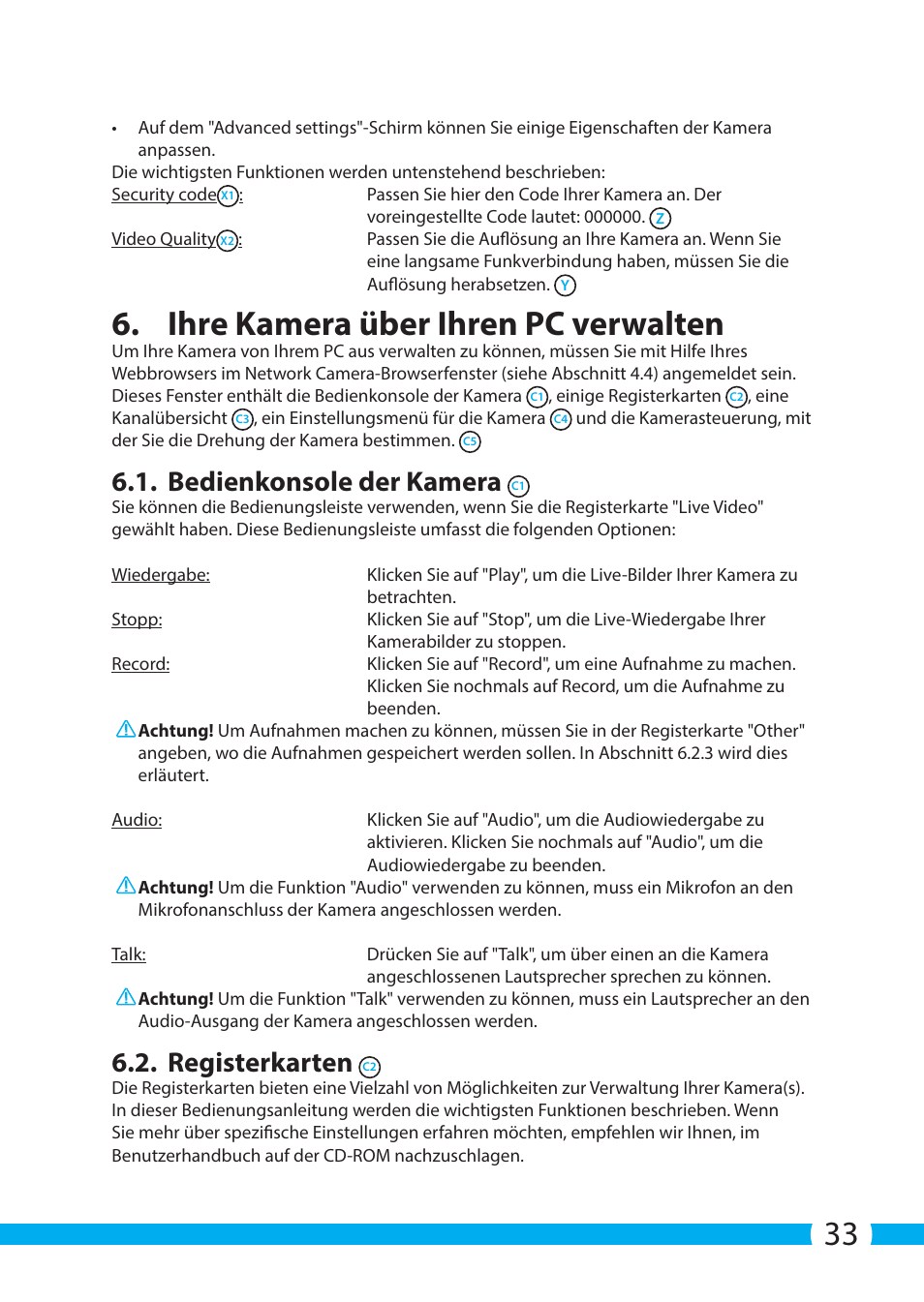 Ihre kamera über ihren pc verwalten, Bedienkonsole der kamera, Registerkarten | ELRO C904IP.2 Plug & play network camera User Manual | Page 33 / 140