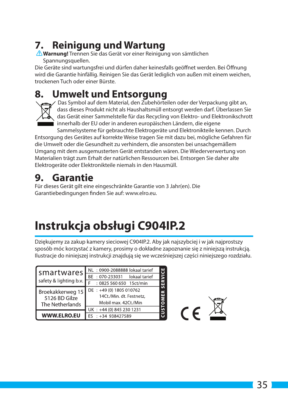 Instrukcja obsługi c904ip.2, 35 7. reinigung und wartung, Umwelt und entsorgung | Garantie | ELRO C904IP.2 Plug & play network camera User Manual | Page 35 / 140