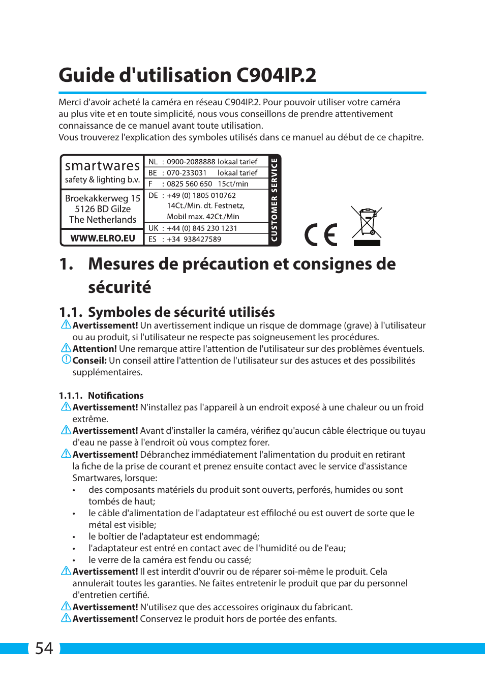 Guide d'utilisation c904ip.2, Mesures de précaution et consignes de sécurité, Symboles de sécurité utilisés | ELRO C904IP.2 Plug & play network camera User Manual | Page 54 / 140