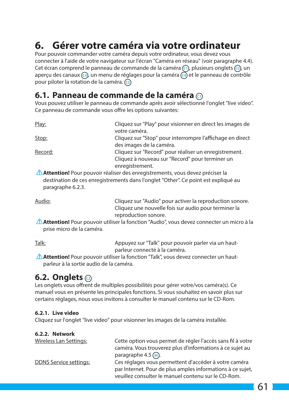 61 6. gérer votre caméra via votre ordinateur, Panneau de commande de la caméra, Onglets | ELRO C904IP.2 Plug & play network camera User Manual | Page 61 / 140