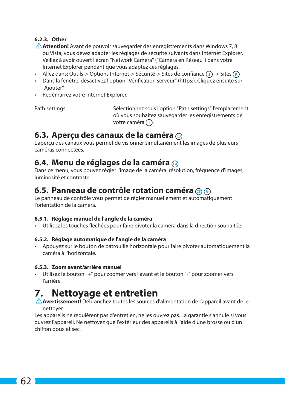 Nettoyage et entretien, Aperçu des canaux de la caméra, Menu de réglages de la caméra | Panneau de contrôle rotation caméra | ELRO C904IP.2 Plug & play network camera User Manual | Page 62 / 140
