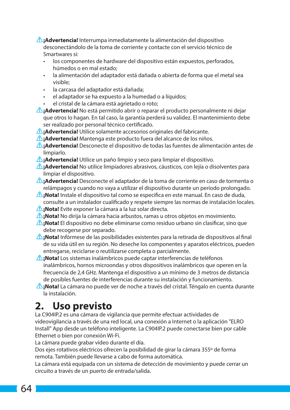 Uso previsto | ELRO C904IP.2 Plug & play network camera User Manual | Page 64 / 140