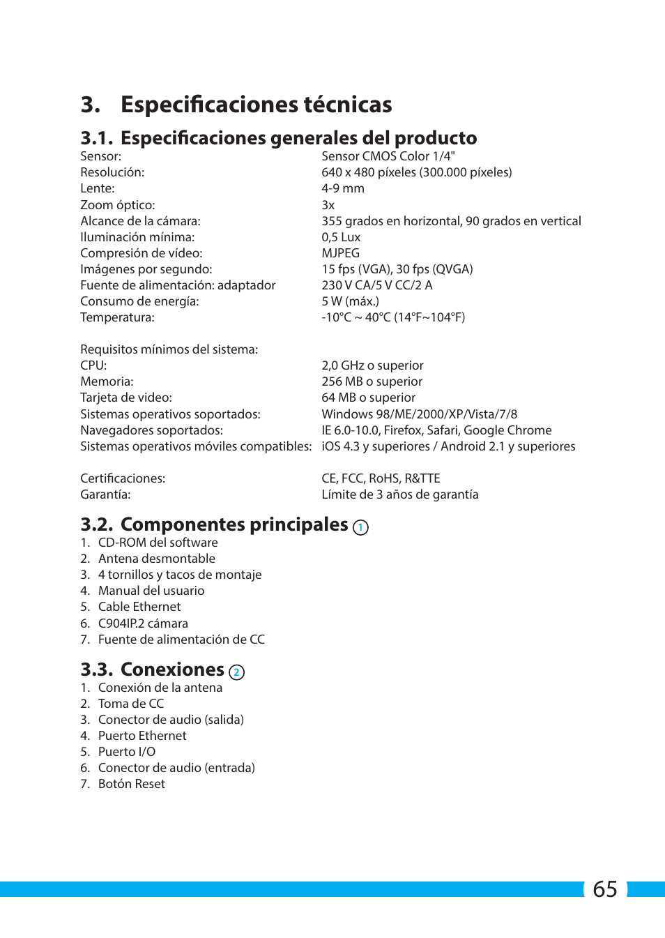 65 3. especificaciones técnicas, Especificaciones generales del producto, Componentes principales | Conexiones | ELRO C904IP.2 Plug & play network camera User Manual | Page 65 / 140