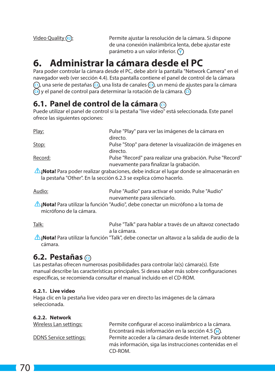 Administrar la cámara desde el pc, Panel de control de la cámara, Pestañas | ELRO C904IP.2 Plug & play network camera User Manual | Page 70 / 140