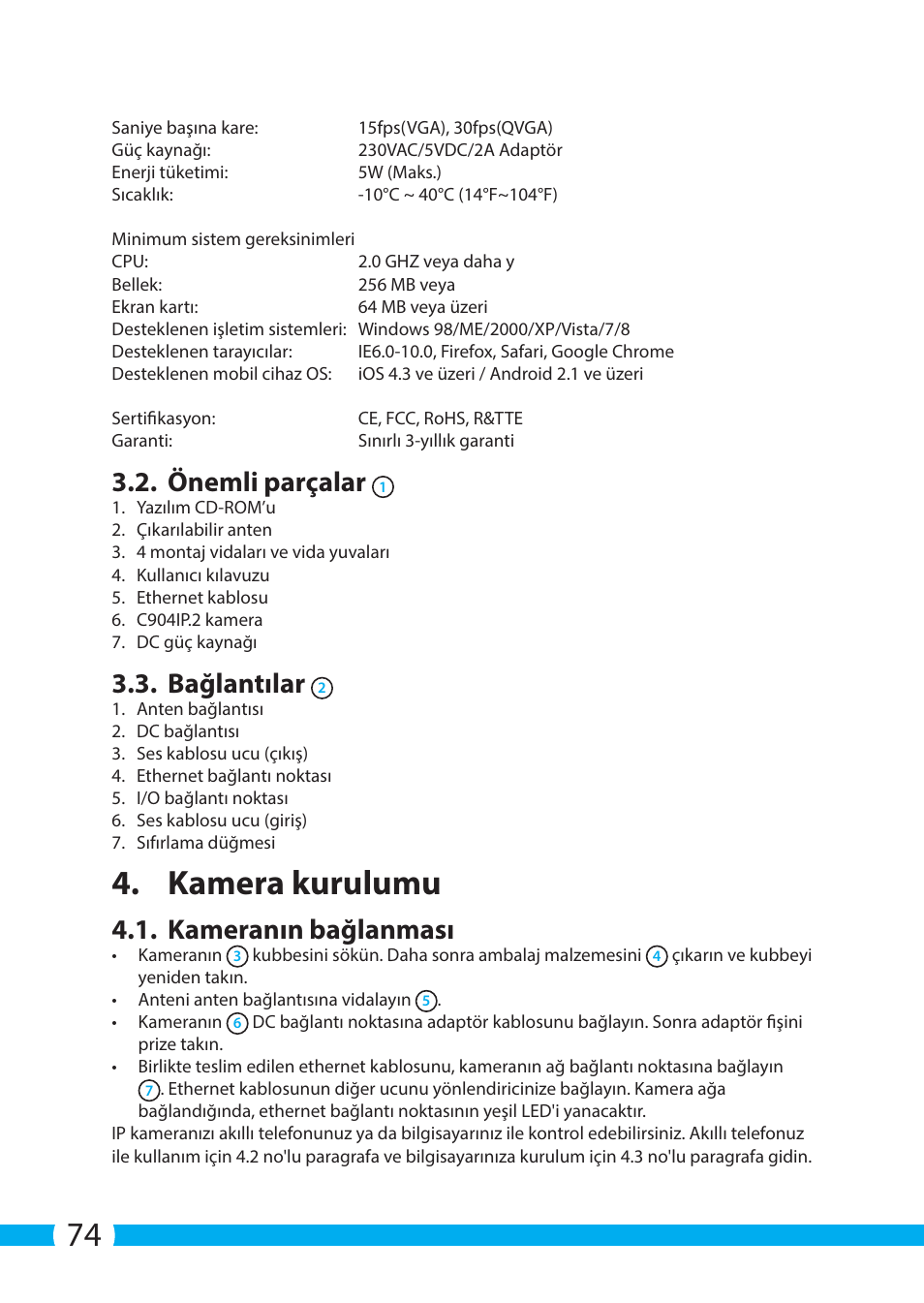 Kamera kurulumu, Önemli parçalar, Bağlantılar | Kameranın bağlanması | ELRO C904IP.2 Plug & play network camera User Manual | Page 74 / 140