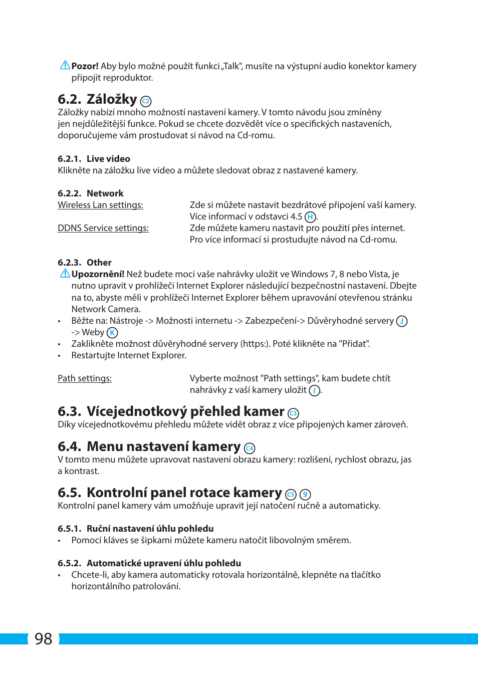 Záložky, Vícejednotkový přehled kamer, Menu nastavení kamery | Kontrolní panel rotace kamery | ELRO C904IP.2 Plug & play network camera User Manual | Page 98 / 140