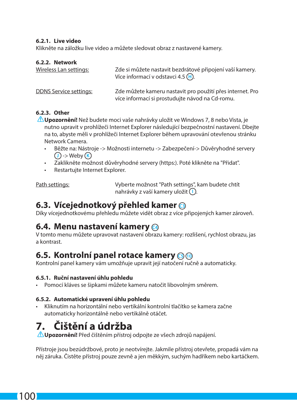 Čištění a údržba, Vícejednotkový přehled kamer, Menu nastavení kamery | Kontrolní panel rotace kamery | ELRO C704IP.2 WiFi network pt camera User Manual | Page 100 / 140