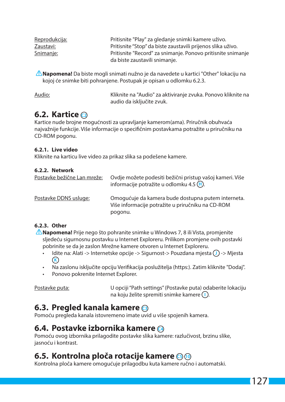 Kartice, Pregled kanala kamere, Postavke izbornika kamere | Kontrolna ploča rotacije kamere | ELRO C704IP.2 WiFi network pt camera User Manual | Page 127 / 140