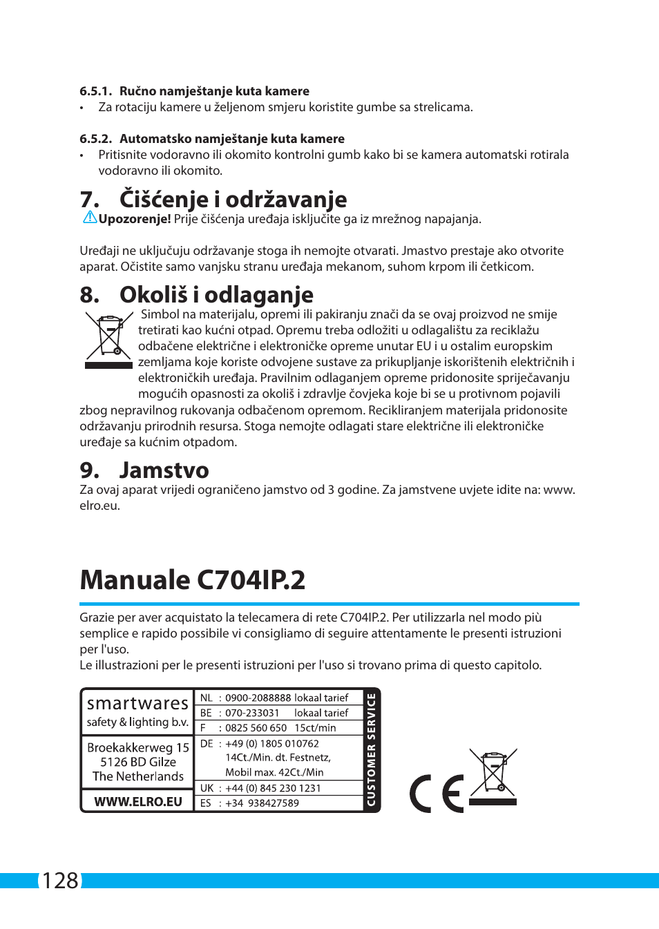 Manuale c704ip.2, Čišćenje i održavanje, Okoliš i odlaganje | Jamstvo | ELRO C704IP.2 WiFi network pt camera User Manual | Page 128 / 140