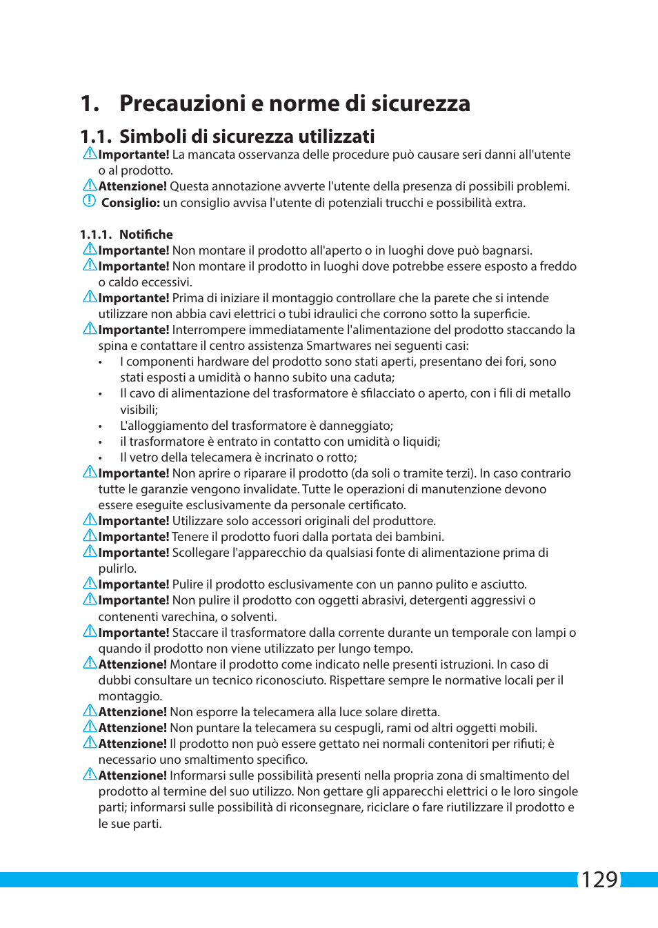 129 1. precauzioni e norme di sicurezza, Simboli di sicurezza utilizzati | ELRO C704IP.2 WiFi network pt camera User Manual | Page 129 / 140