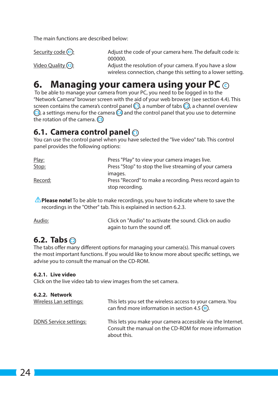 Managing your camera using your pc, Camera control panel, Tabs | ELRO C704IP.2 WiFi network pt camera User Manual | Page 24 / 140