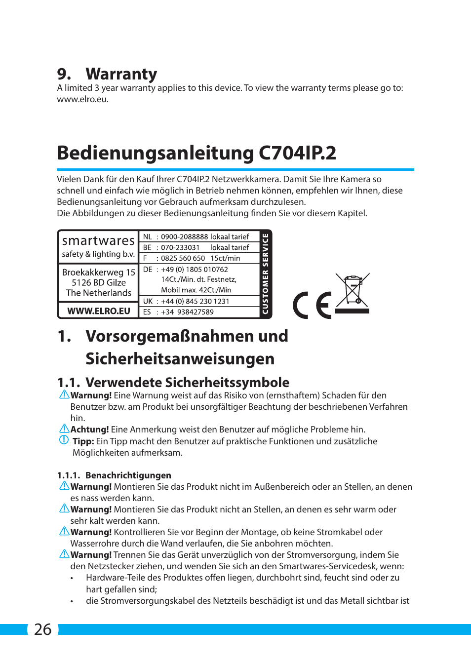 Bedienungsanleitung c704ip.2, 26 9. warranty, Vorsorgemaßnahmen und sicherheitsanweisungen | Verwendete sicherheitssymbole | ELRO C704IP.2 WiFi network pt camera User Manual | Page 26 / 140