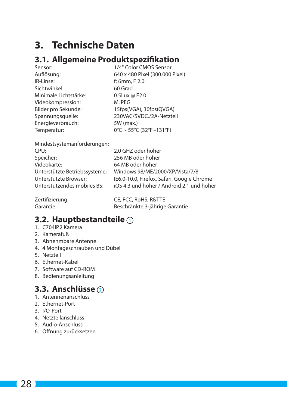 28 3. technische daten, Allgemeine produktspezifikation, Hauptbestandteile | Anschlüsse | ELRO C704IP.2 WiFi network pt camera User Manual | Page 28 / 140