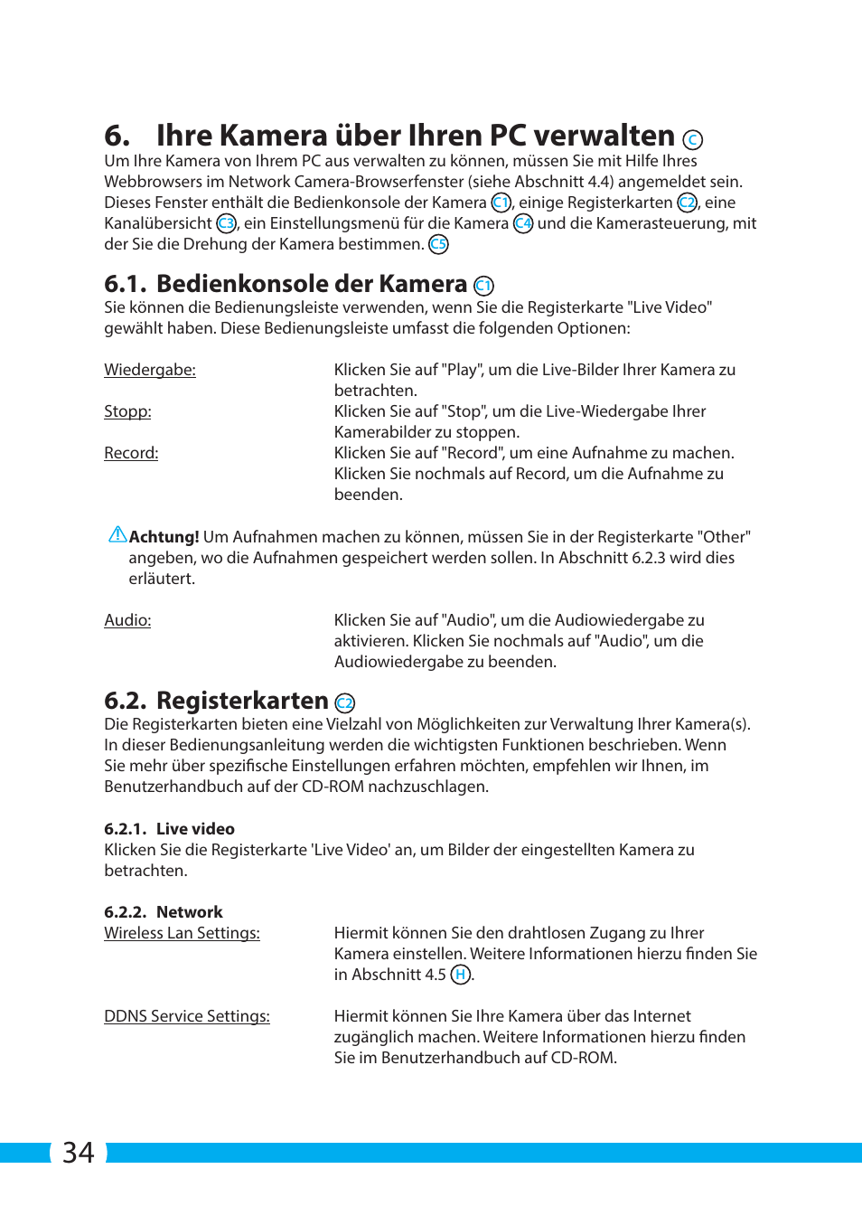 34 6. ihre kamera über ihren pc verwalten, Bedienkonsole der kamera, Registerkarten | ELRO C704IP.2 WiFi network pt camera User Manual | Page 34 / 140