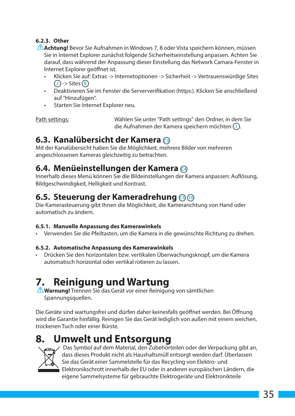 Reinigung und wartung, Umwelt und entsorgung, Kanalübersicht der kamera | Menüeinstellungen der kamera, Steuerung der kameradrehung | ELRO C704IP.2 WiFi network pt camera User Manual | Page 35 / 140