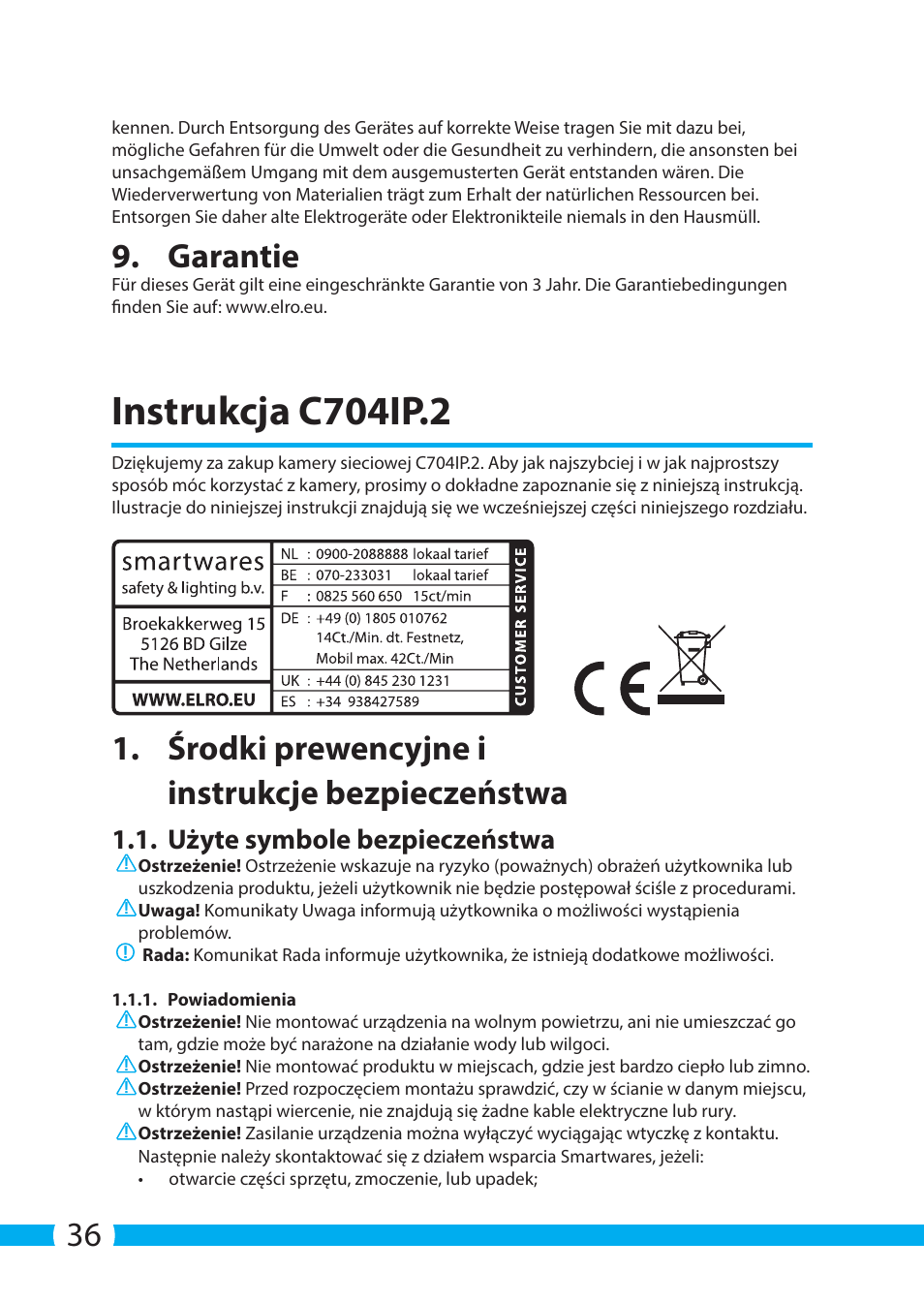 Instrukcja c704ip.2, Garantie, Środki prewencyjne i instrukcje bezpieczeństwa | Użyte symbole bezpieczeństwa | ELRO C704IP.2 WiFi network pt camera User Manual | Page 36 / 140