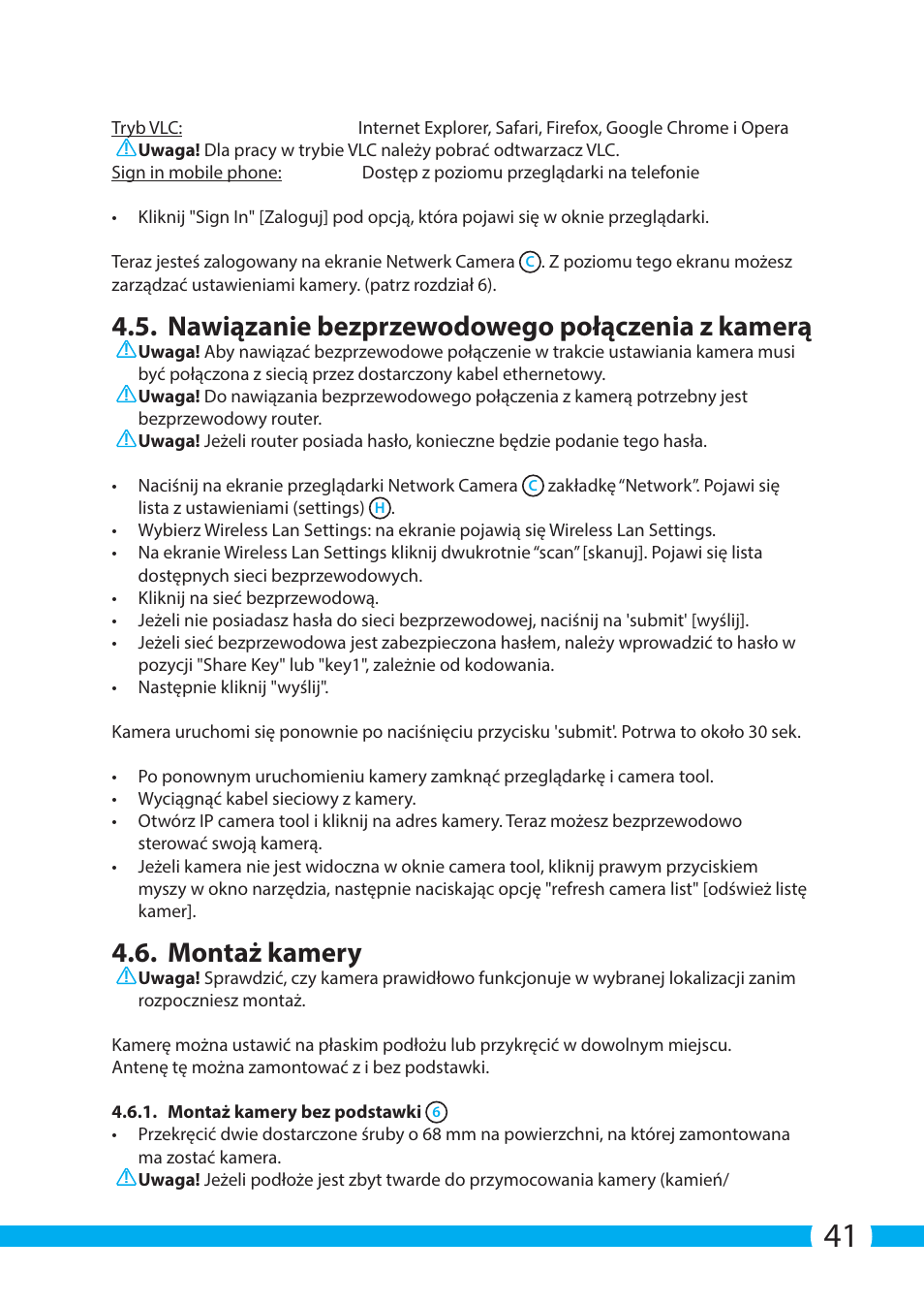 Nawiązanie bezprzewodowego połączenia z kamerą, Montaż kamery | ELRO C704IP.2 WiFi network pt camera User Manual | Page 41 / 140