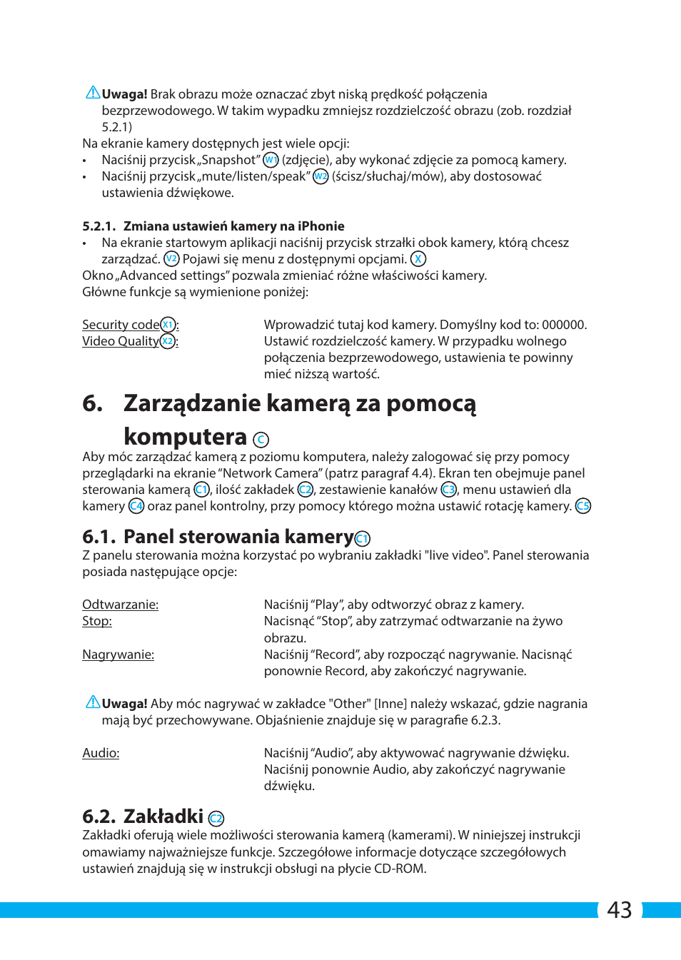 Zarządzanie kamerą za pomocą komputera, Panel sterowania kamery, Zakładki | ELRO C704IP.2 WiFi network pt camera User Manual | Page 43 / 140