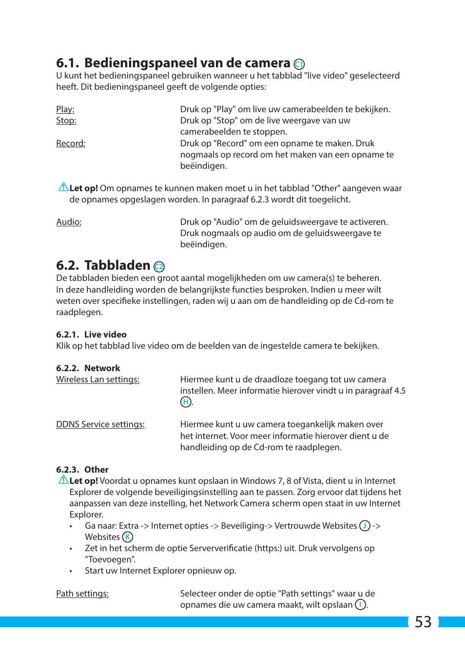 Bedieningspaneel van de camera, Tabbladen | ELRO C704IP.2 WiFi network pt camera User Manual | Page 53 / 140