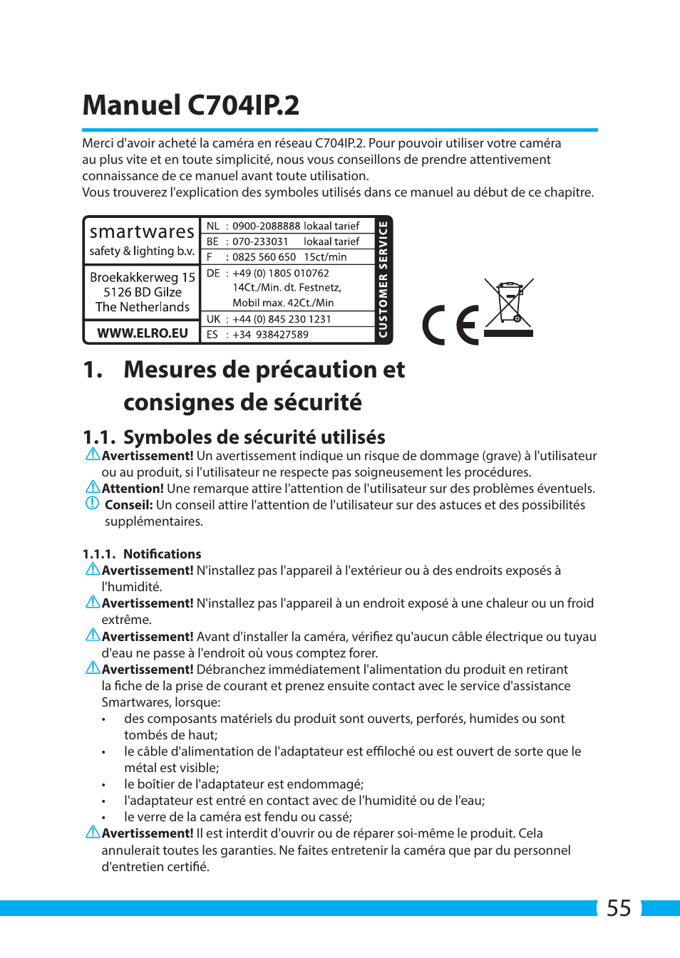 Manuel c704ip.2, Mesures de précaution et consignes de sécurité, Symboles de sécurité utilisés | ELRO C704IP.2 WiFi network pt camera User Manual | Page 55 / 140