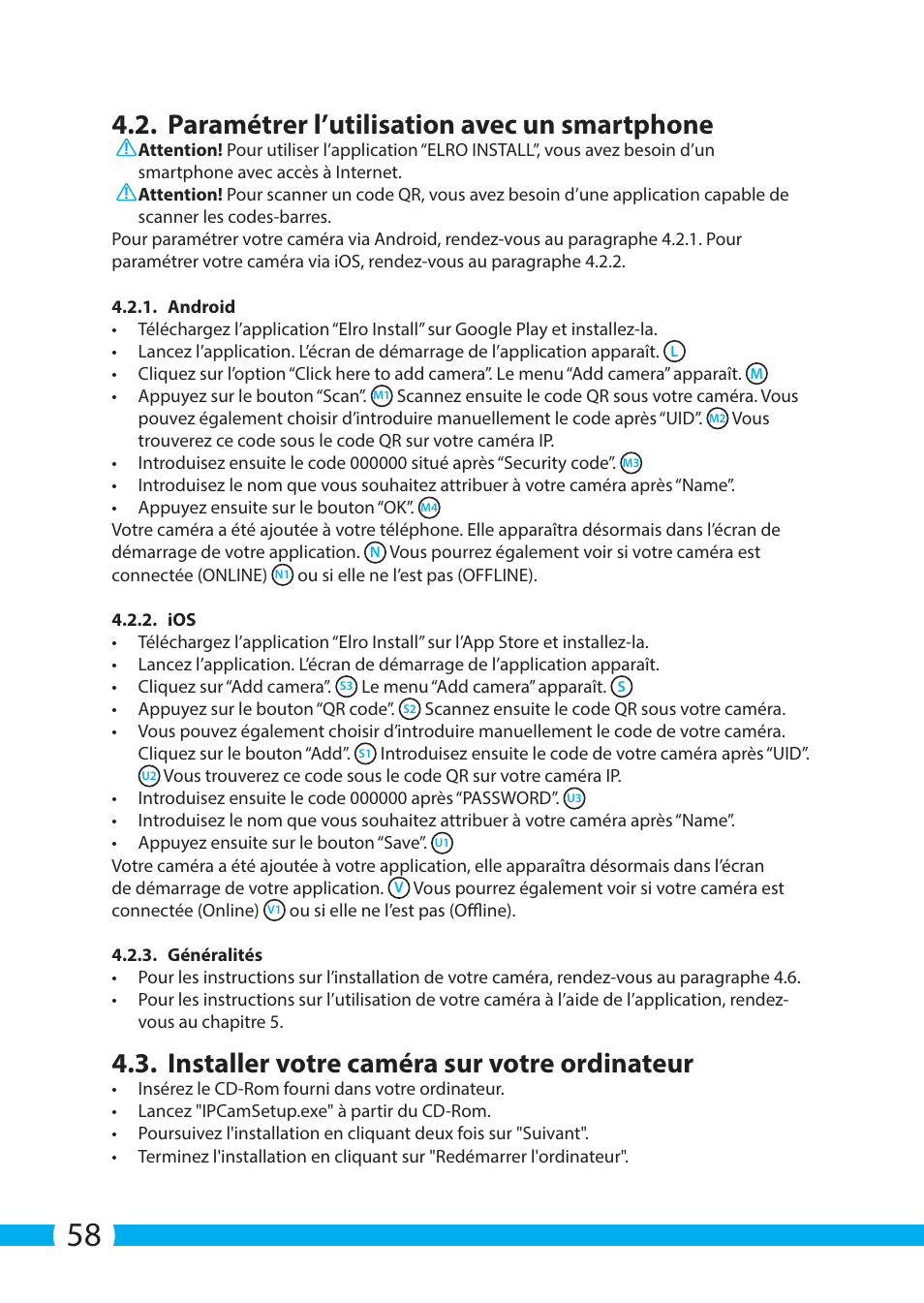 Paramétrer l’utilisation avec un smartphone, Installer votre caméra sur votre ordinateur | ELRO C704IP.2 WiFi network pt camera User Manual | Page 58 / 140