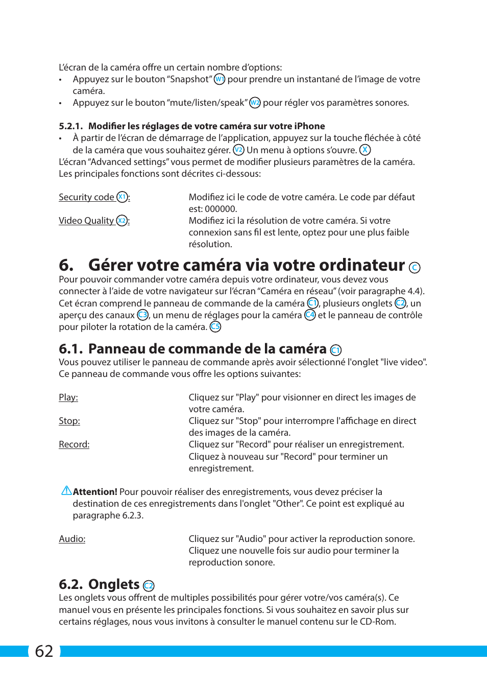 Gérer votre caméra via votre ordinateur, Panneau de commande de la caméra, Onglets | ELRO C704IP.2 WiFi network pt camera User Manual | Page 62 / 140