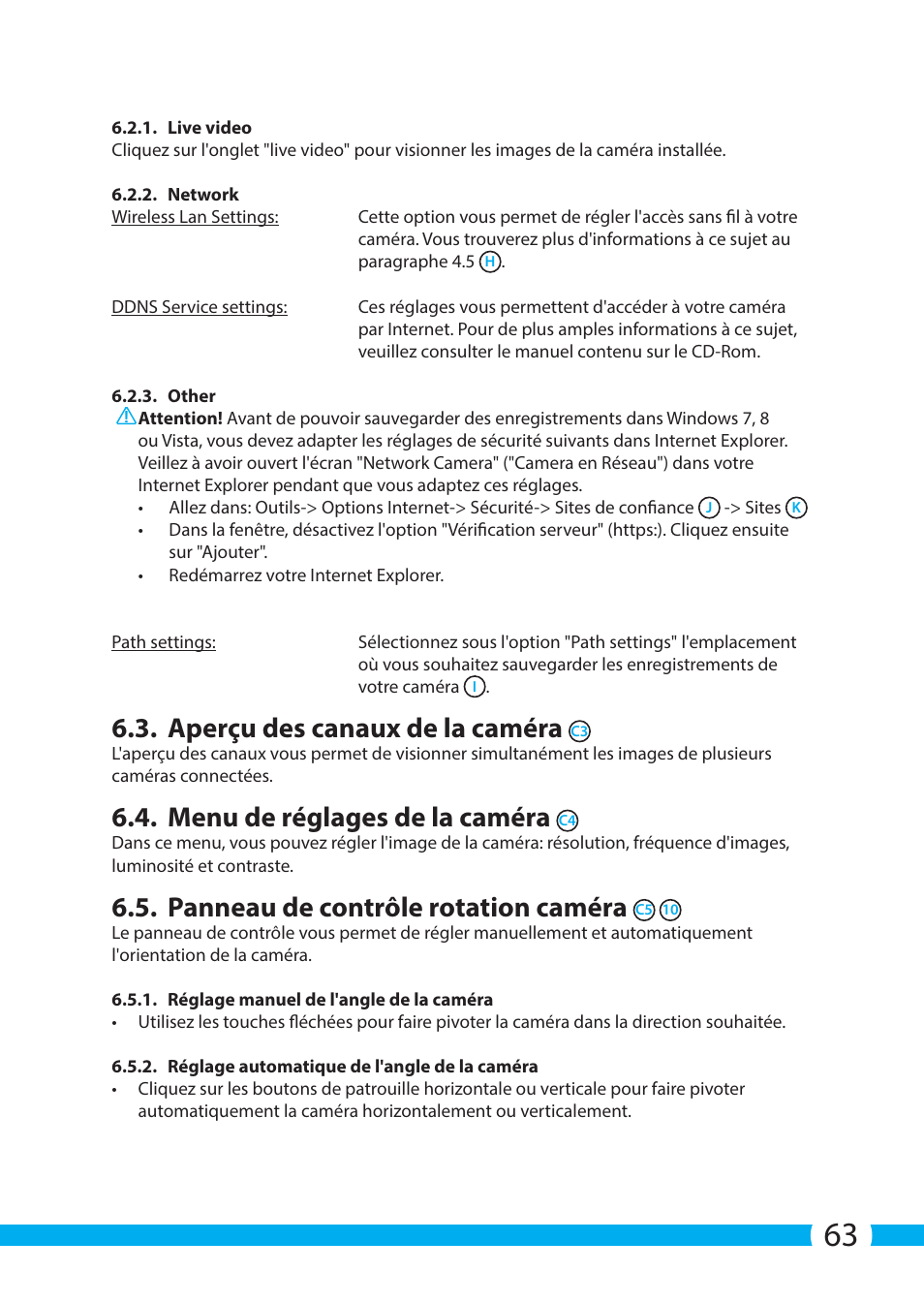 Aperçu des canaux de la caméra, Menu de réglages de la caméra, Panneau de contrôle rotation caméra | ELRO C704IP.2 WiFi network pt camera User Manual | Page 63 / 140