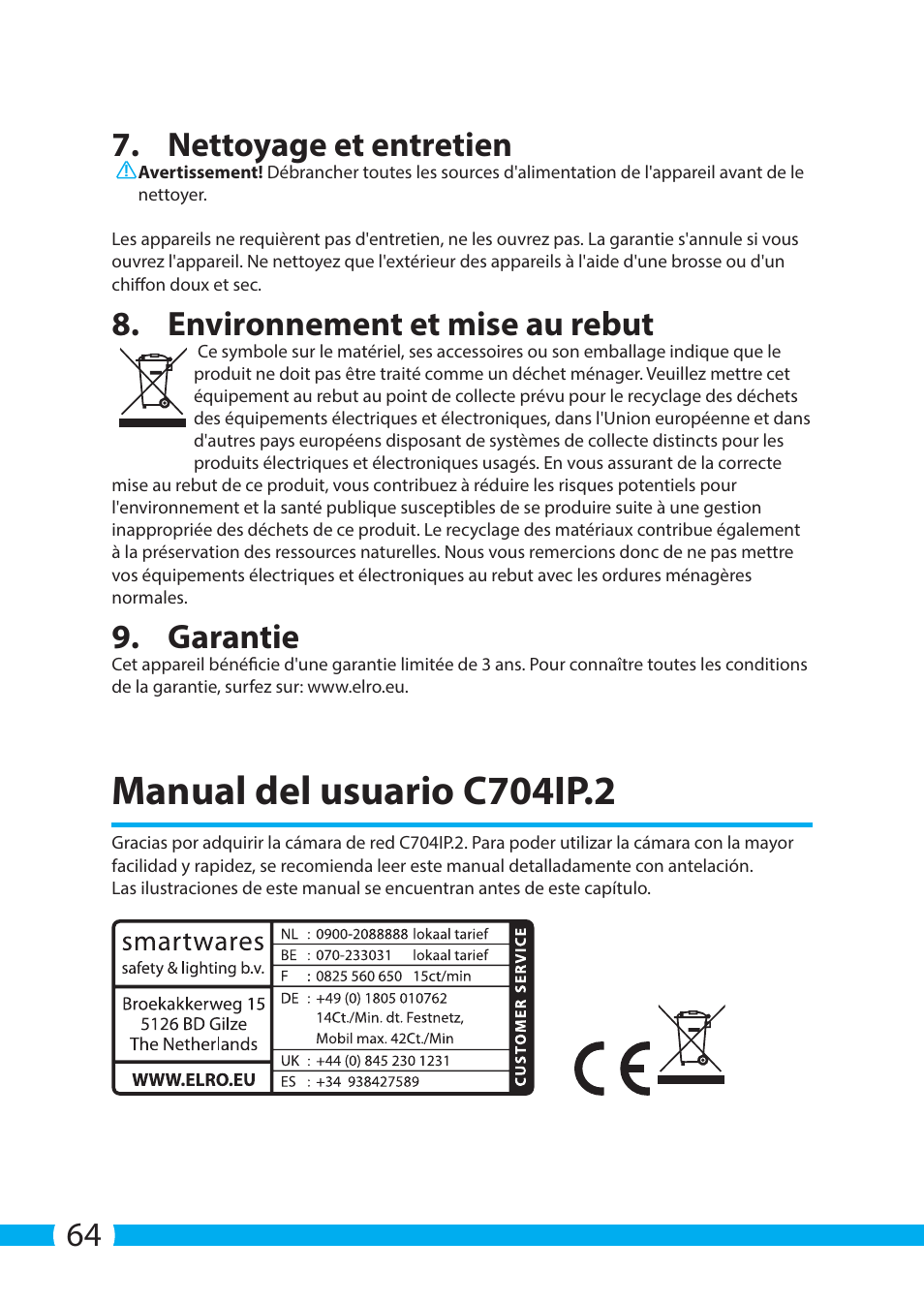 Manual del usuario c704ip.2, 64 7. nettoyage et entretien, Environnement et mise au rebut | Garantie | ELRO C704IP.2 WiFi network pt camera User Manual | Page 64 / 140