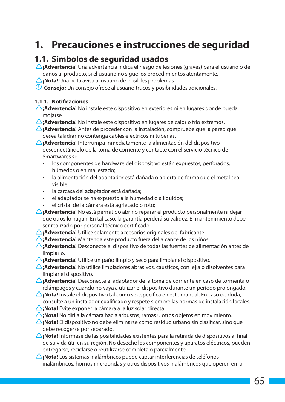 65 1. precauciones e instrucciones de seguridad, Símbolos de seguridad usados | ELRO C704IP.2 WiFi network pt camera User Manual | Page 65 / 140