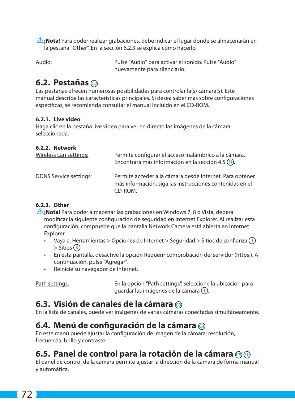 Pestañas, Visión de canales de la cámara, Menú de configuración de la cámara | Panel de control para la rotación de la cámara | ELRO C704IP.2 WiFi network pt camera User Manual | Page 72 / 140
