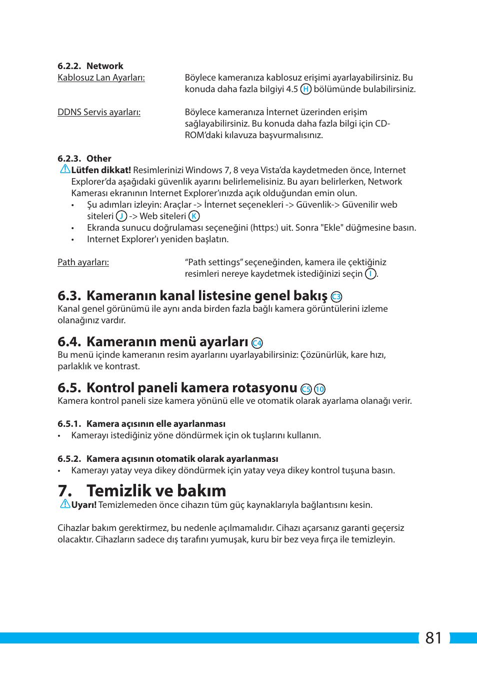 Temizlik ve bakım, Kameranın kanal listesine genel bakış, Kameranın menü ayarları | Kontrol paneli kamera rotasyonu | ELRO C704IP.2 WiFi network pt camera User Manual | Page 81 / 140