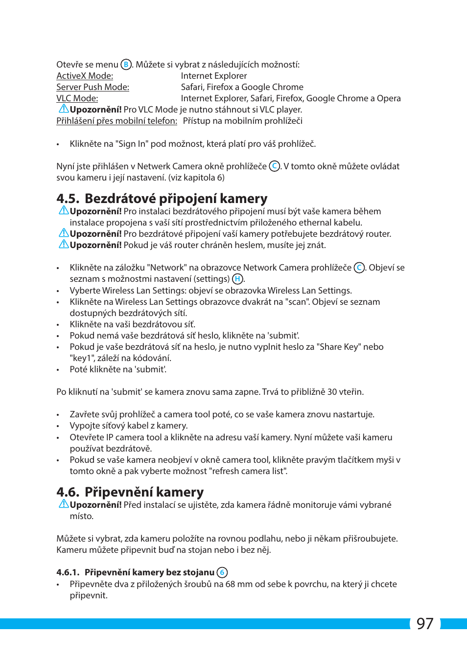 Bezdrátové připojení kamery, Připevnění kamery | ELRO C704IP.2 WiFi network pt camera User Manual | Page 97 / 140