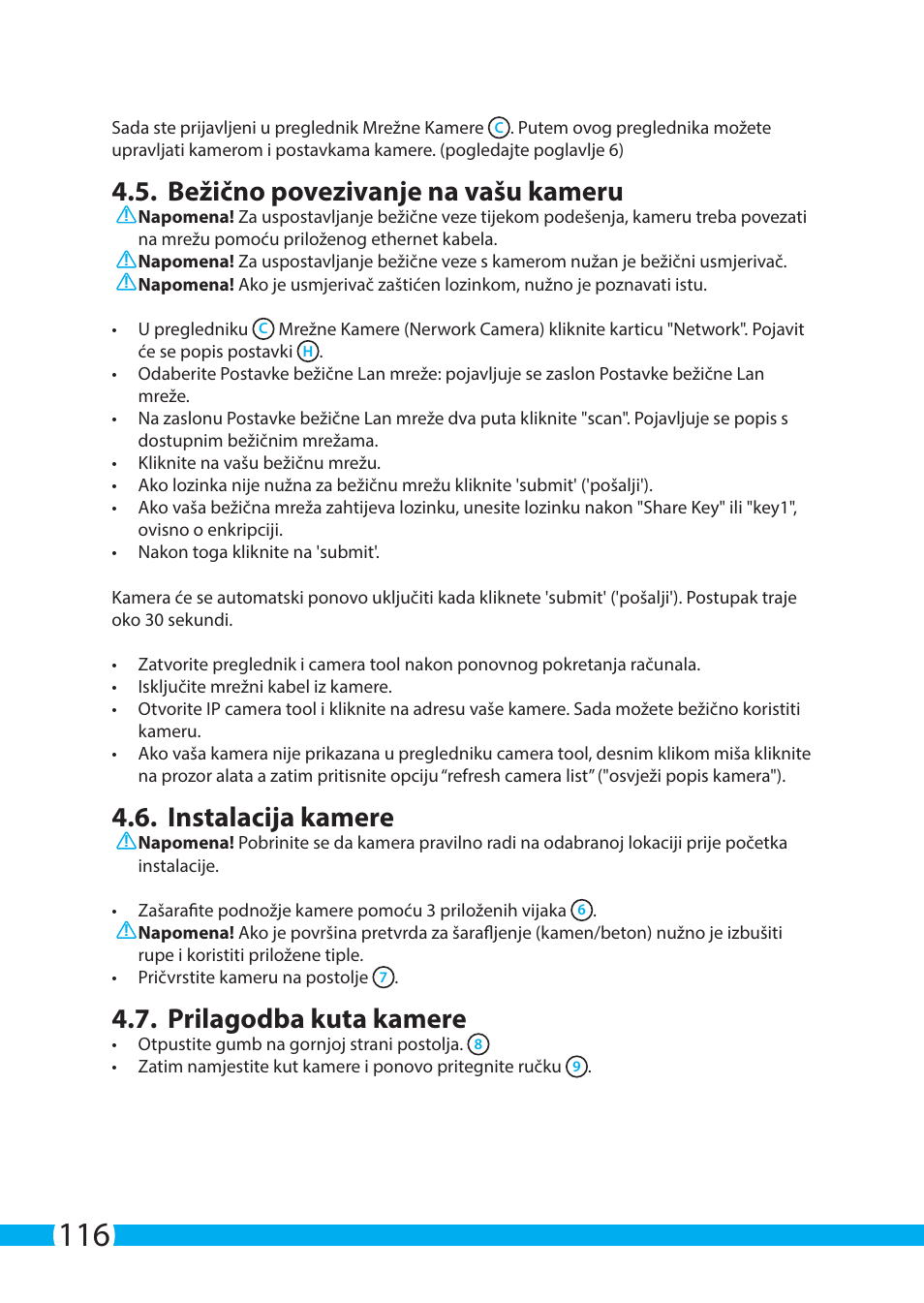 Bežično povezivanje na vašu kameru, Instalacija kamere, Prilagodba kuta kamere | ELRO C903IP.2 Plug & play network camera User Manual | Page 116 / 132