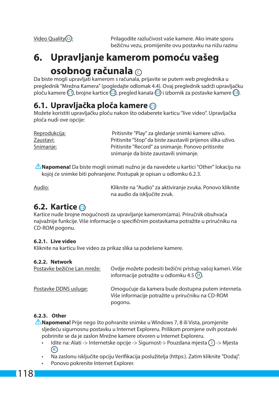 Upravljanje kamerom pomoću vašeg osobnog računala, Upravljačka ploča kamere, Kartice | ELRO C903IP.2 Plug & play network camera User Manual | Page 118 / 132