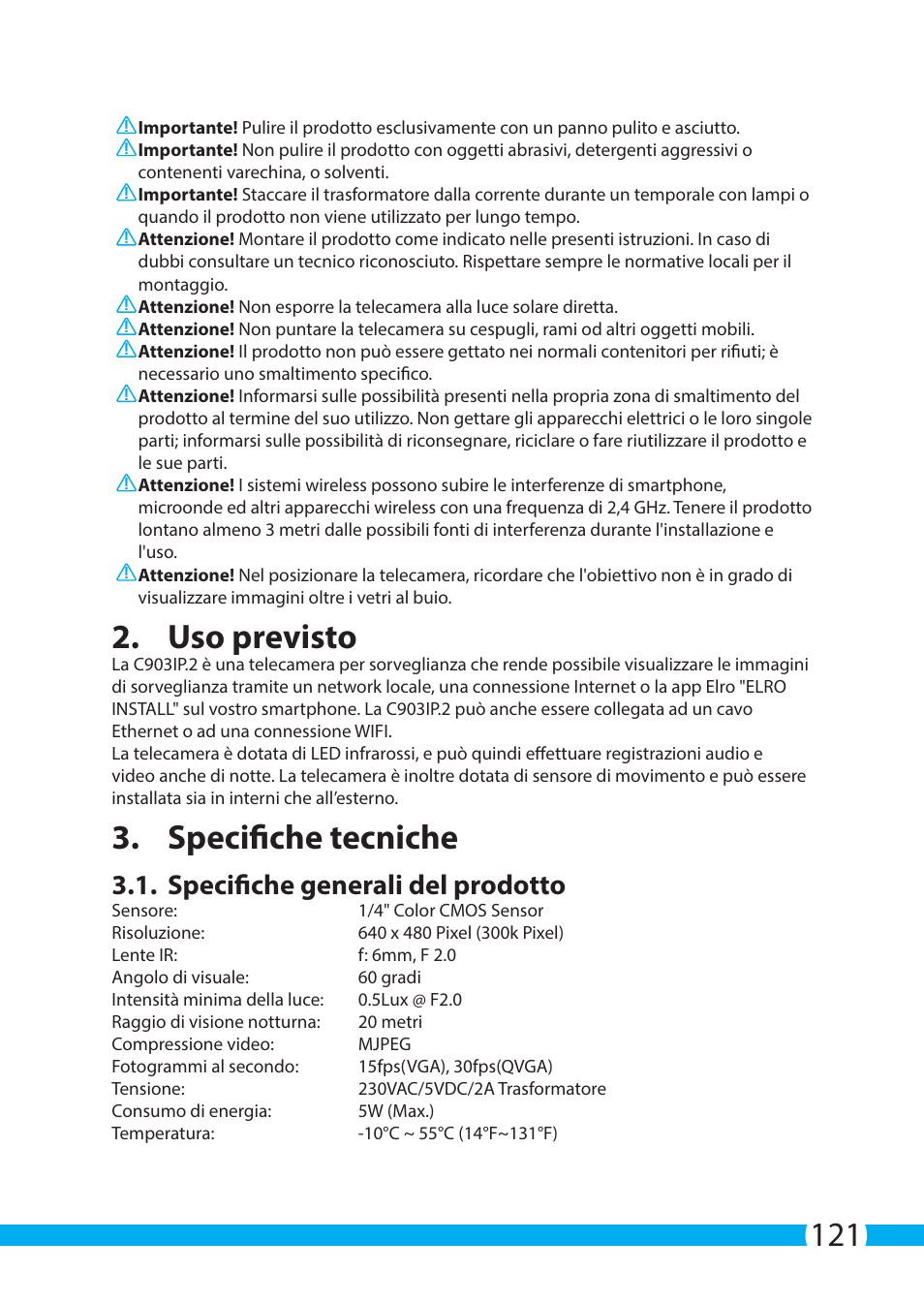 Uso previsto, Specifiche tecniche, Specifiche generali del prodotto | ELRO C903IP.2 Plug & play network camera User Manual | Page 121 / 132