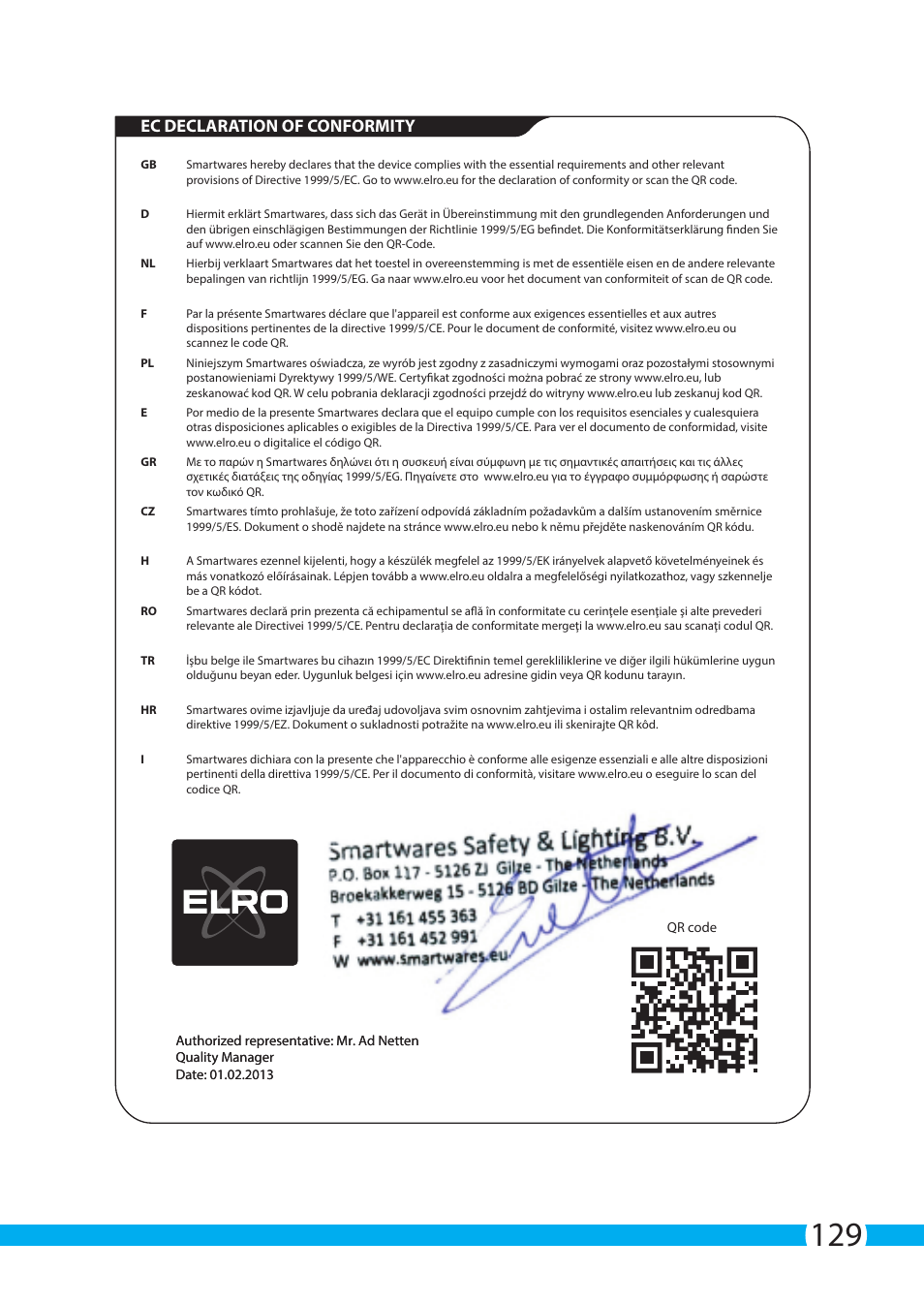 Ec declaration of conformity | ELRO C903IP.2 Plug & play network camera User Manual | Page 129 / 132