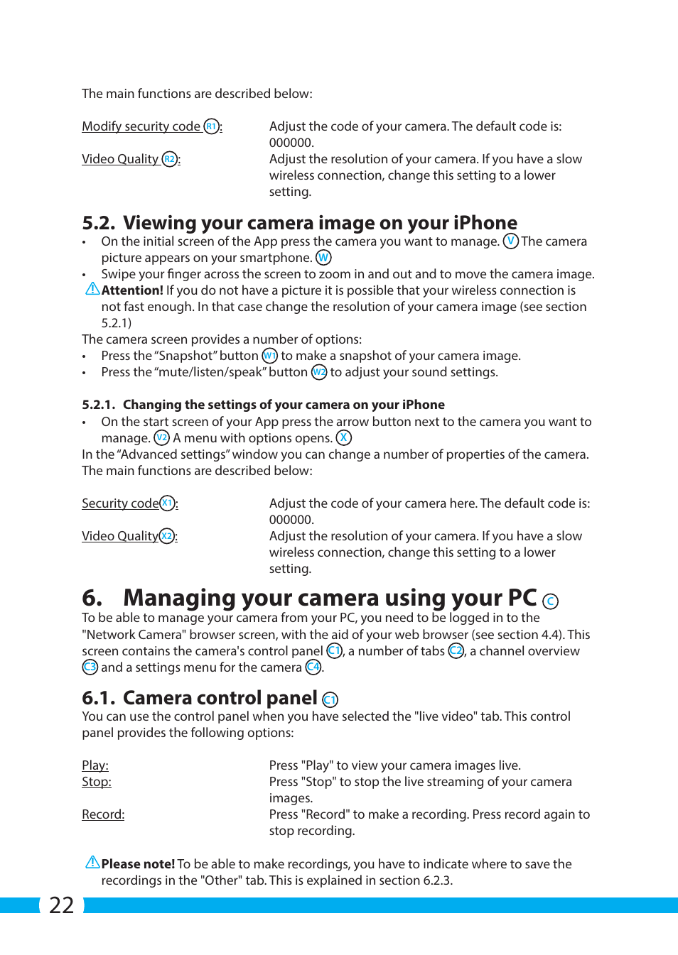 Managing your camera using your pc, Viewing your camera image on your iphone, Camera control panel | ELRO C903IP.2 Plug & play network camera User Manual | Page 22 / 132
