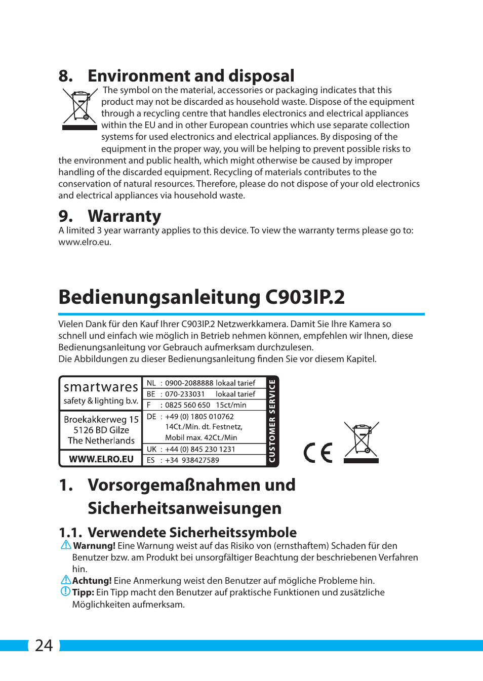 Bedienungsanleitung c903ip.2, 24 8. environment and disposal, Warranty | Vorsorgemaßnahmen und sicherheitsanweisungen, Verwendete sicherheitssymbole | ELRO C903IP.2 Plug & play network camera User Manual | Page 24 / 132