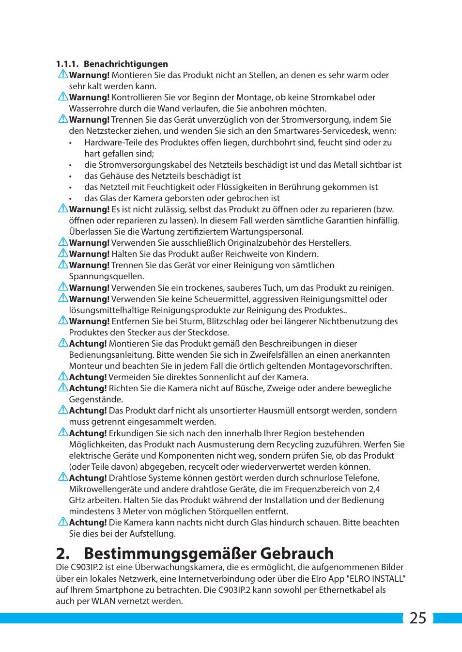Bestimmungsgemäßer gebrauch | ELRO C903IP.2 Plug & play network camera User Manual | Page 25 / 132